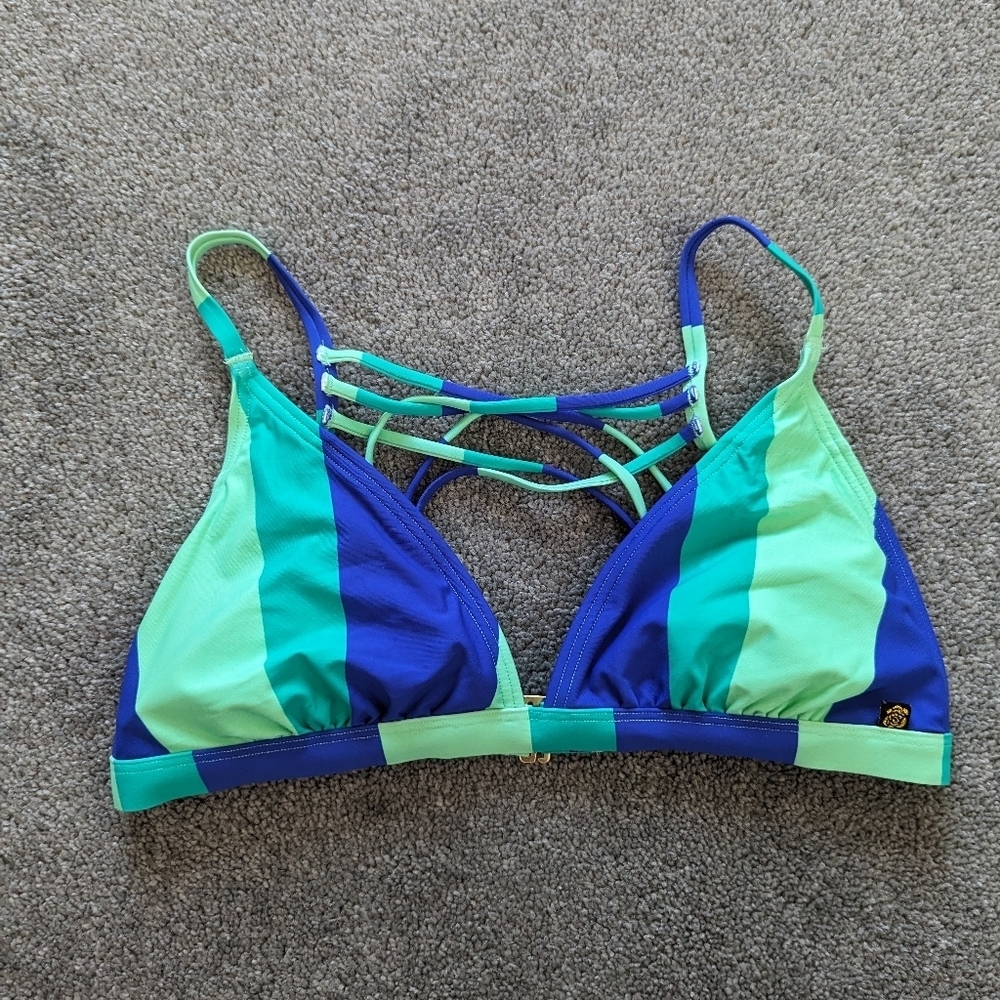 La Vie En Rose aqua blue and green striped bikini top women's Medium